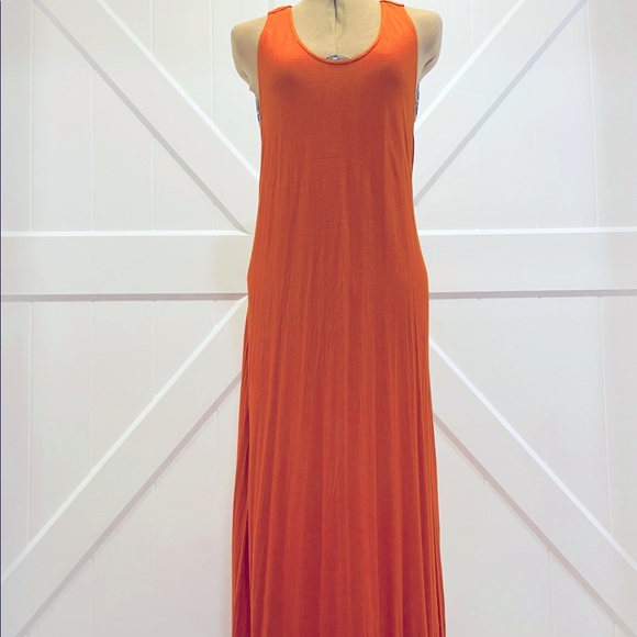 open back sparkle beads on center strap, pumpkin orange maxi dress knit stretchy - Picture 3 of 11